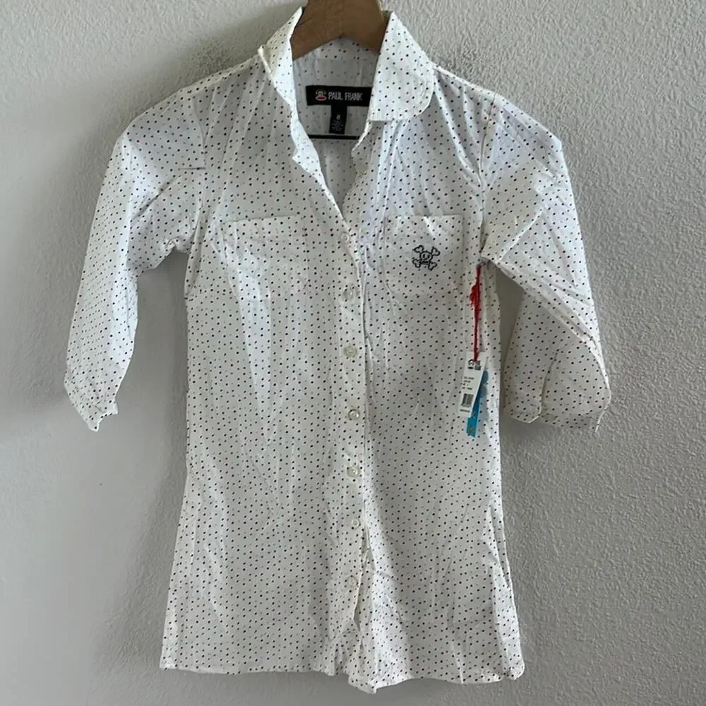 NWT Paul Frank Heart Polka Dot Cotton Sleep Dress Front Button Collar Nostalgic